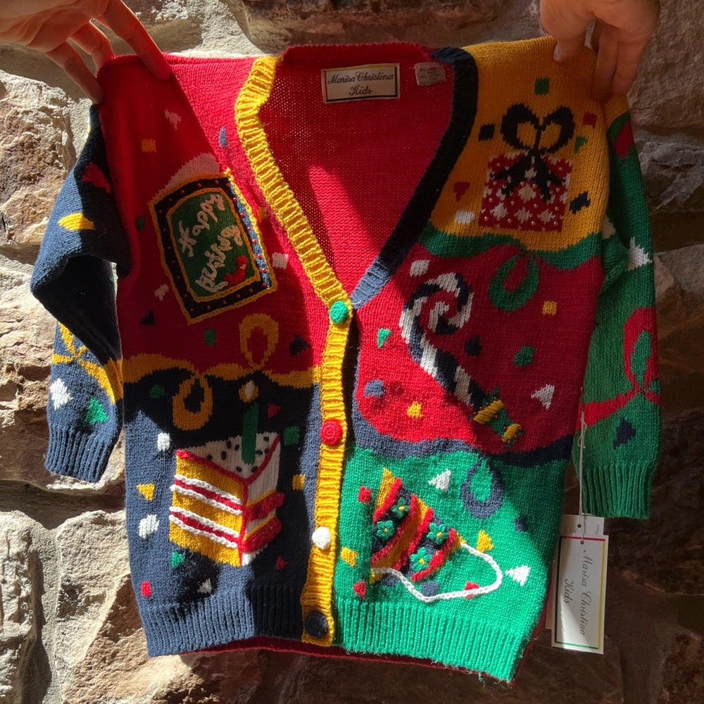Marisa Christina Kids Sweater Hand Knit Cardigan Happy Birthday sz large - Picture 7 of 10